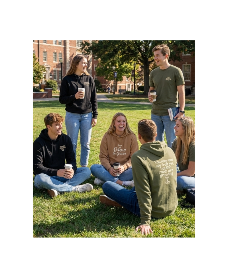 Group of people sitting on a grassy area with trees and buildings in the background